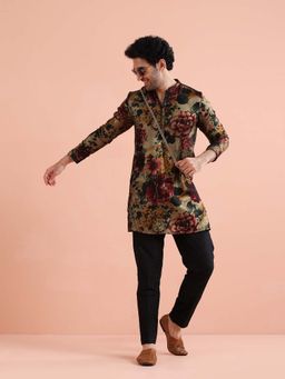 KISAH - Men Floral Printed Poly Silk Mid Kurta with Trouser