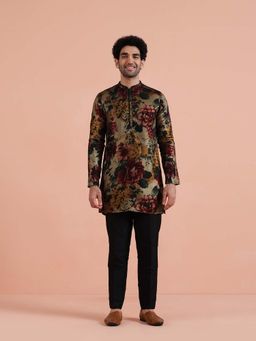 KISAH - Men Multi-Colour Art Silk Floral Printed Festive Kurta