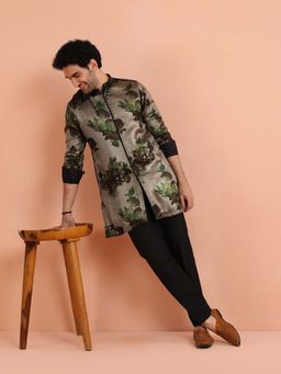 KISAH - Men Olive Green Floral Printed Silk Blend Mid Kurta with Trouser