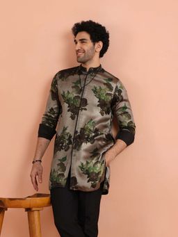 KISAH - Men Grey Art Silk Mid Green Floral Printed Festive Kurta
