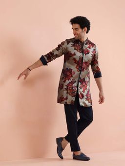 KISAH - Men Grey Silk Blend Floral Mid Kurta with Trouser