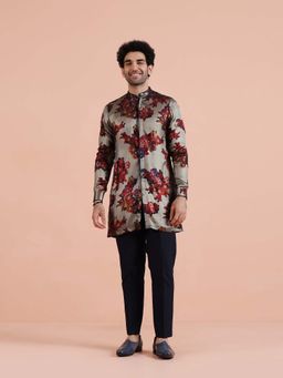 KISAH - Men Grey Art Silk Mid Red Floral Printed Ethnic Kurta