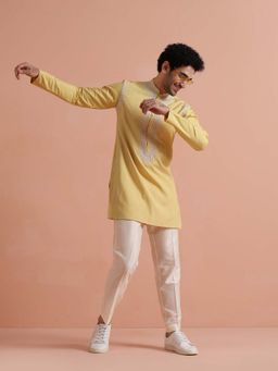 KISAH - Yellow Embroidered Poly Silk Mid Kurta with Trouser