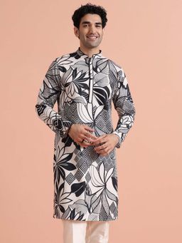 KISAH - Men Black and White Printed Floral ethnic Wear Kurta