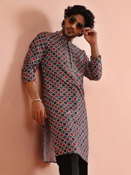 KISAH - Men Grey and Red Printed Contemporary Festive Wear Kurta