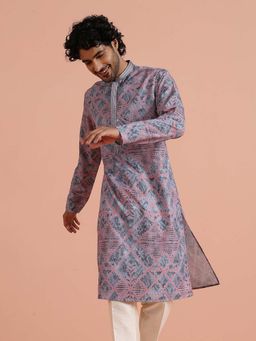 KISAH - Men Grey and Pink Festive Ethnic Wear Printed Kurta