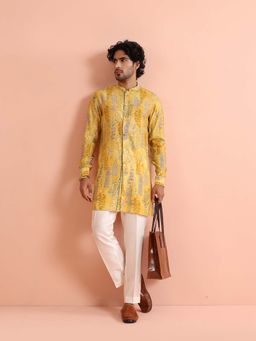KISAH - Men Yellow Printed Embellished Cotton Kurta with Trouser
