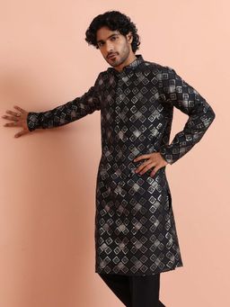 KISAH - Men Black Jacquard Printed Regal Festive Wear Kurta