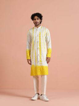 KISAH - Men White and Yellow Ombre Festive Ethnic Wear Kurta