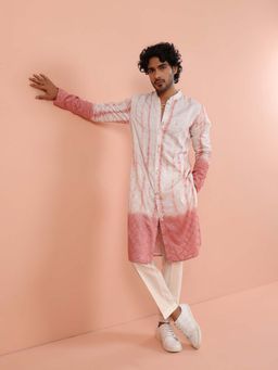 KISAH - Men White and Pink Chanderi Cotton Kurta with Trouser