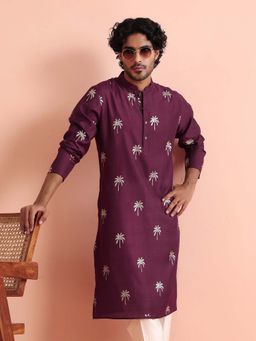 KISAH - Men Wine Embroidered Festive Ethnic Wear Kurta