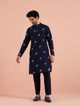 KISAH - Men Navy Blue Silk Blend Kurta with Trouser