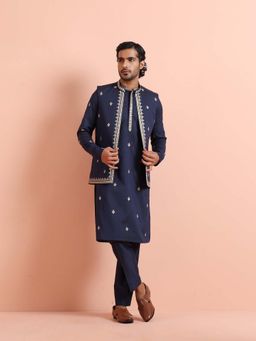 KISAH - Men Navy Blue Embroidered Nehru Jacket with Kurta & Trouser
