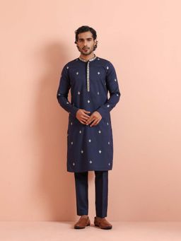 KISAH - Men Navy Blue Silk Blend Kurta with Trouser
