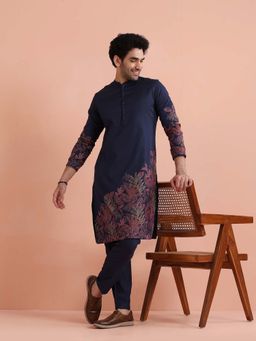 KISAH - Men Navy Blue Silk Blend Kurta with Trouser