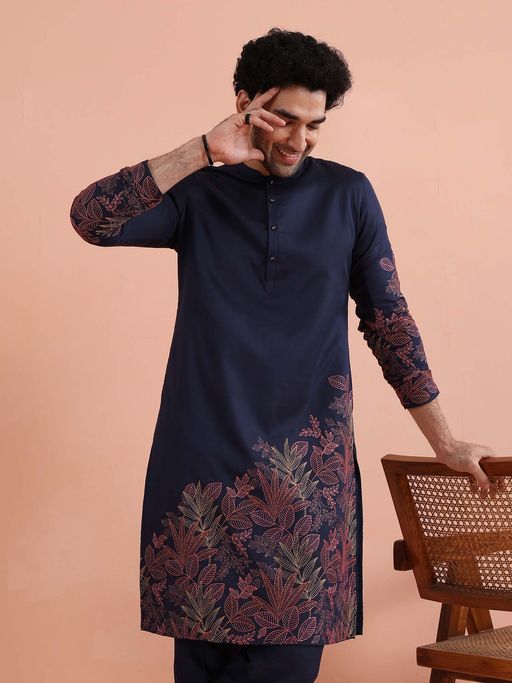 KISAH Men Navy Embroidered Regal Festive Wear Kurta