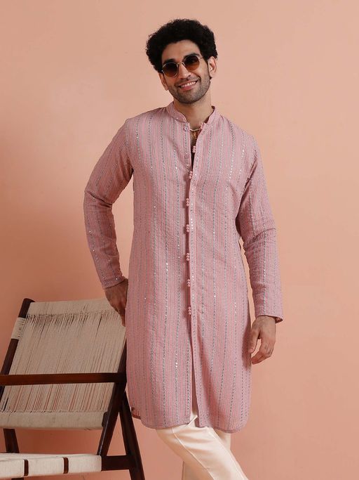 KISAH Men Pink Embellished Kurta - Pastel Festive Wear
