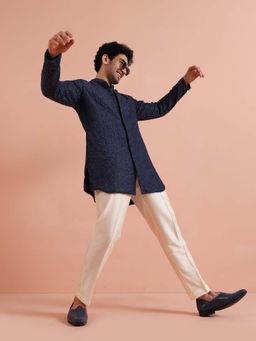 KISAH - Men Navy Blue Embellished Cotton Kurta with Trouser