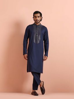 KISAH - Men Navy Blue Silk Blend Kurta with Trouser