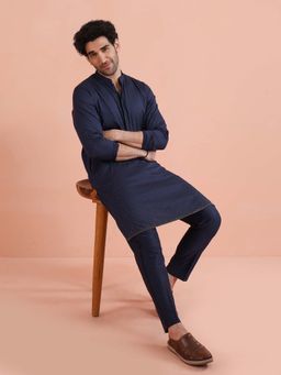 KISAH - Men Navy Blue Silk Blend Kurta with Trouser