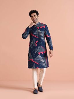 KISAH - Men Navy Blue Silk Blend Kurta with Trouser
