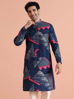KISAH - Men Navy Blue Printed Contemporary Festive Wear Kurta