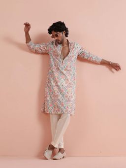 KISAH - Men Cream Silk Blend Kurta with Trouser