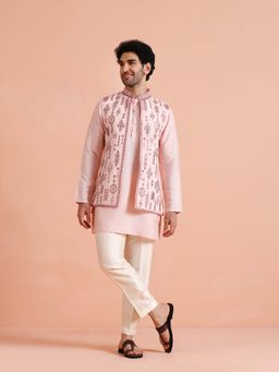 KISAH - Men Pink Embroidered Nehru Jacket with Kurta & Trouser