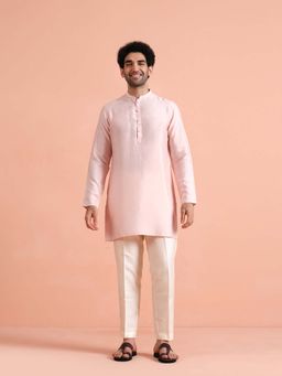 KISAH - Men Pastel Pink Solid Cotton Kurta with Trouser