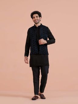 KISAH - Men Blue Silk Blend Mid Kurta With Nehru Jacket & Trouser