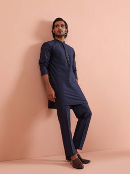 KISAH - Men Navy Blue Solid Cotton Kurta with Trouser