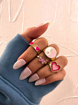 Jewels Galaxy - Gold Plated Pink Rings (Set of 4)