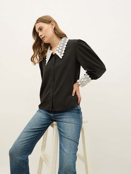 Styli - Women Black Self Design Shirt