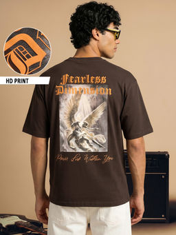 Bewakoof - Brown Fearless Graphic Printed Oversized Interlock Cotton T-shirt
