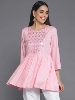 Libas - Pink Geometric Embroidered Flared Mirror Work Kurti