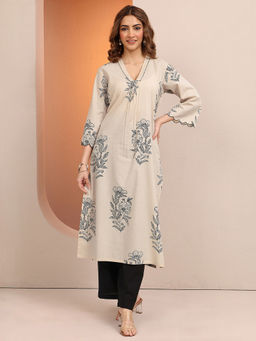 Libas - Beige Floral Motif Printed Straight Kurta