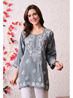SYRISH - Women's Grey Hand Embroidered Lucknow Chinkara Straight Kurti
