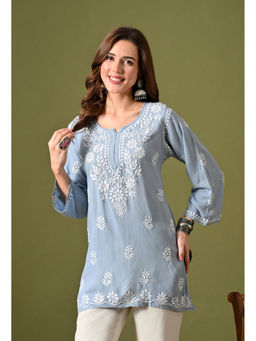 SYRISH - Women's Blue Hand Embroidered Lucknow Chinkara Straight Kurti