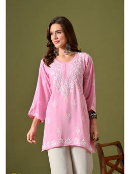 SYRISH - Women's Pink Hand Embroidered Lucknow Chinkara Straight Kurti