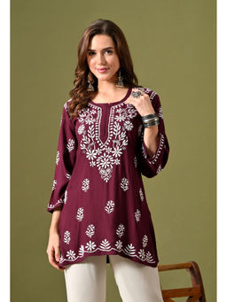 SYRISH - Women's Wine Hand Embroidered Lucknow Chinkara Straight Kurti