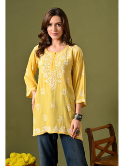 SYRISH - Women's Yellow Hand Embroidered Lucknow Chinkara Straight Kurti
