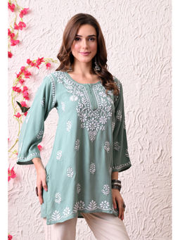 SYRISH - Women's Green Hand Embroidered Lucknow Chinkara Straight Kurti