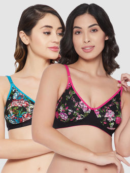 Clovia - Pack Of 2 Cotton Non-Padded Non-Wired Full Cup Floral Print T-Shirt Bra - Multi-Color