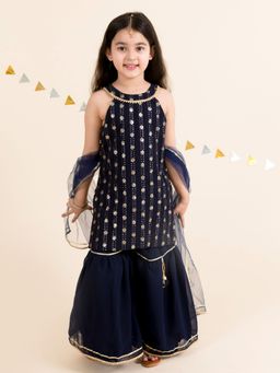 PSPeaches - Girls Navy Blue Kurta Sharara (Set of 3)