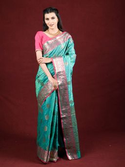 EXCLUSIVA - Green Banarasi Blended Silk Woven Saree Zari Work with Unstitched Blouse