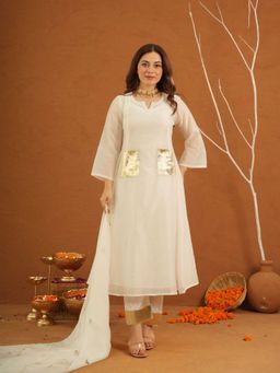 ONEWE INDIA - Apsara White Chanderi Gota Kurta With Pant And Dupatta With Slip