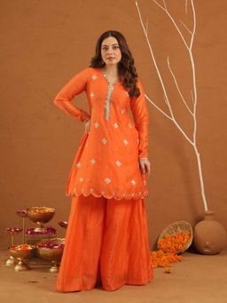 ONEWE INDIA - Adaayein Orange Chanderi Zari Kurta With Sharara And Dupatta