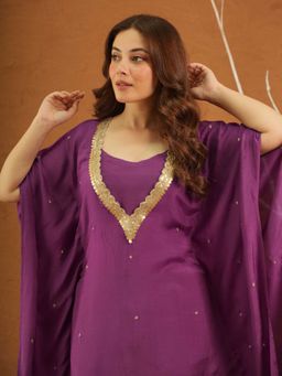 ONEWE INDIA - Kohinoor Purple Maslin Aari Kaftan With Pant