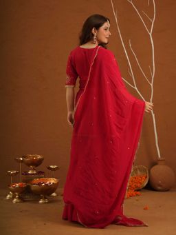 ONEWE INDIA - Libaas Red Muslin Zari Work Kurta With Sharara And Dupatta