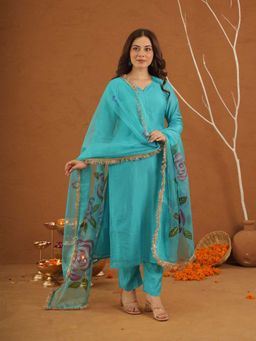 ONEWE INDIA - Mayaaz Sky Chanderi With Hand Paint Kurta With Pant And Dupatta